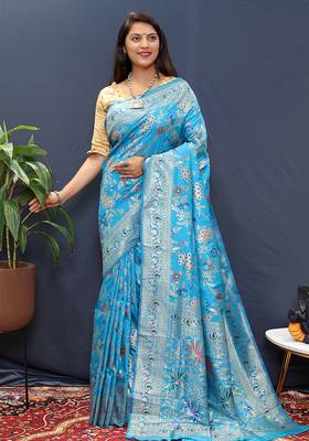 Light blue banarasi silk blend saree with zari floral weaving 2