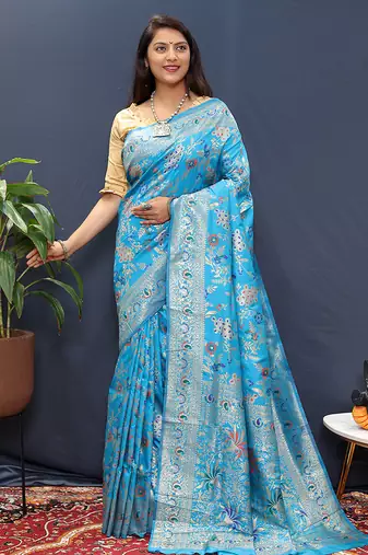 Light blue banarasi silk blend saree with zari floral weaving