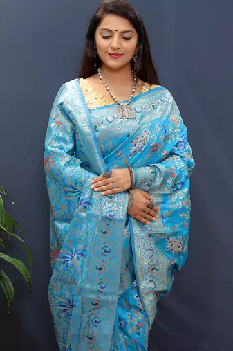 Light blue banarasi silk blend saree with zari floral weaving