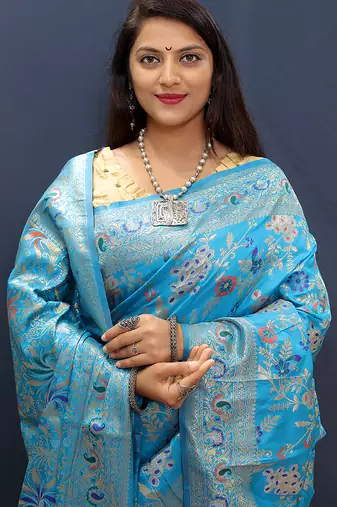 Light blue banarasi silk blend saree with zari floral weaving