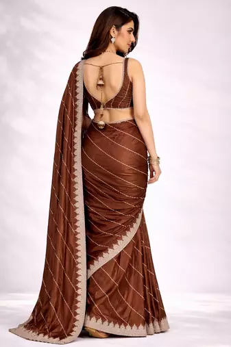 brown color crepe ready to wear partywear saree