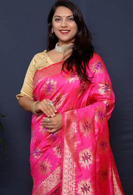 Rani pink banarasi silk blend saree with  zari floral buta work 4