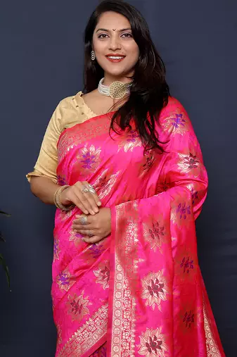 Rani pink banarasi silk blend saree with  zari floral buta work