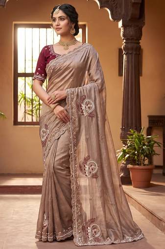 Beige Beads And Embroidery Work Satin Saree