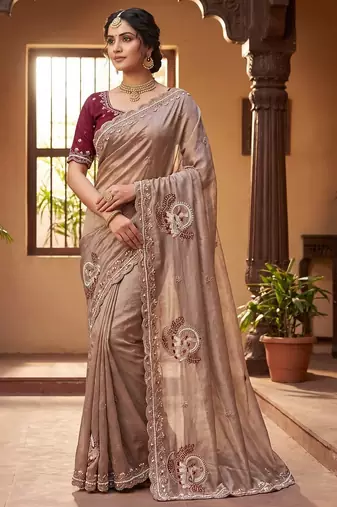 Beige Color Beads And Embroidery Work Satin Saree