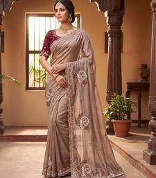 Beige Color Beads And Embroidery Work Satin Saree