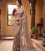 Beige Color Beads And Embroidery Work Satin Saree