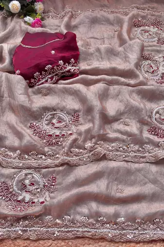 Beige Color Beads And Embroidery Work Satin Saree