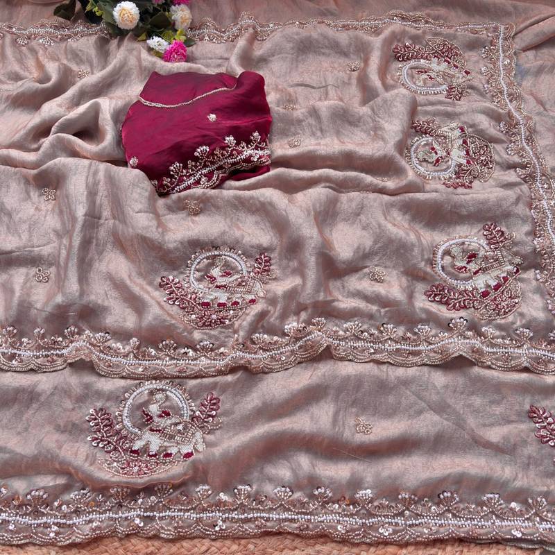 Beige Color Beads And Embroidery Work Satin Saree