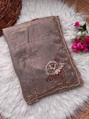Beige Color Beads And Embroidery Work Satin Saree 3