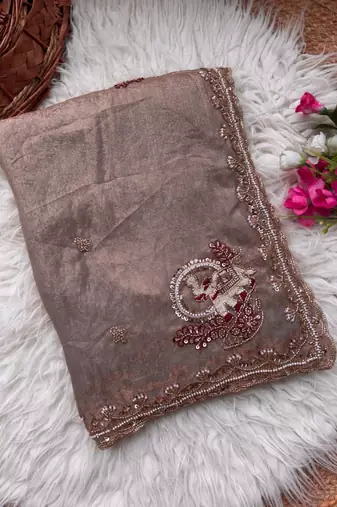 Beige Color Beads And Embroidery Work Satin Saree