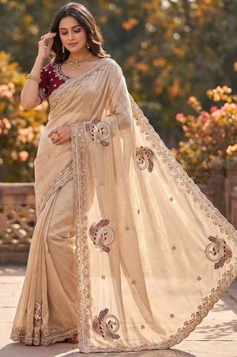 Cream Color Beads And Embroidery Work Satin Saree