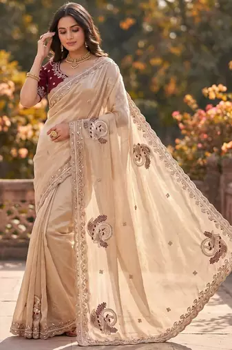 Cream Color Beads And Embroidery Work Satin Saree