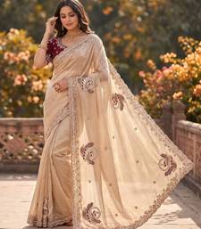 Cream Color Beads And Embroidery Work Satin Saree