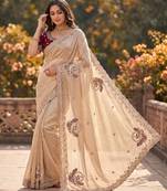 Cream Color Beads And Embroidery Work Satin Saree