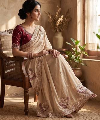 Cream Color Beads And Embroidery Work Satin Saree 2