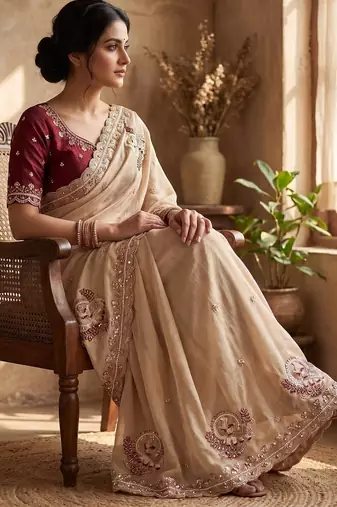 Cream Color Beads And Embroidery Work Satin Saree