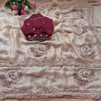 Cream Color Beads And Embroidery Work Satin Saree 3