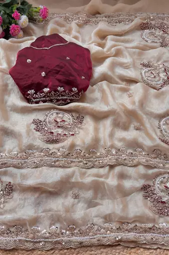 Cream Color Beads And Embroidery Work Satin Saree