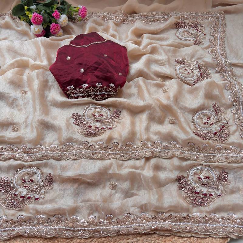 Cream Color Beads And Embroidery Work Satin Saree
