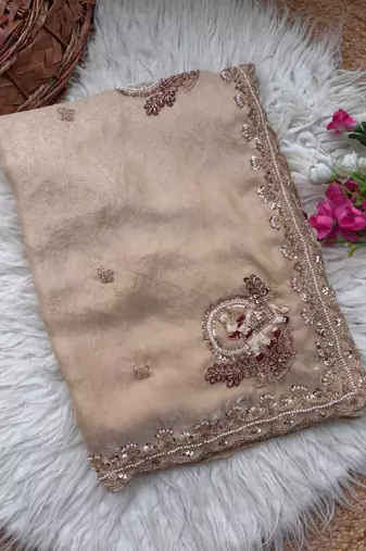 Cream Color Beads And Embroidery Work Satin Saree