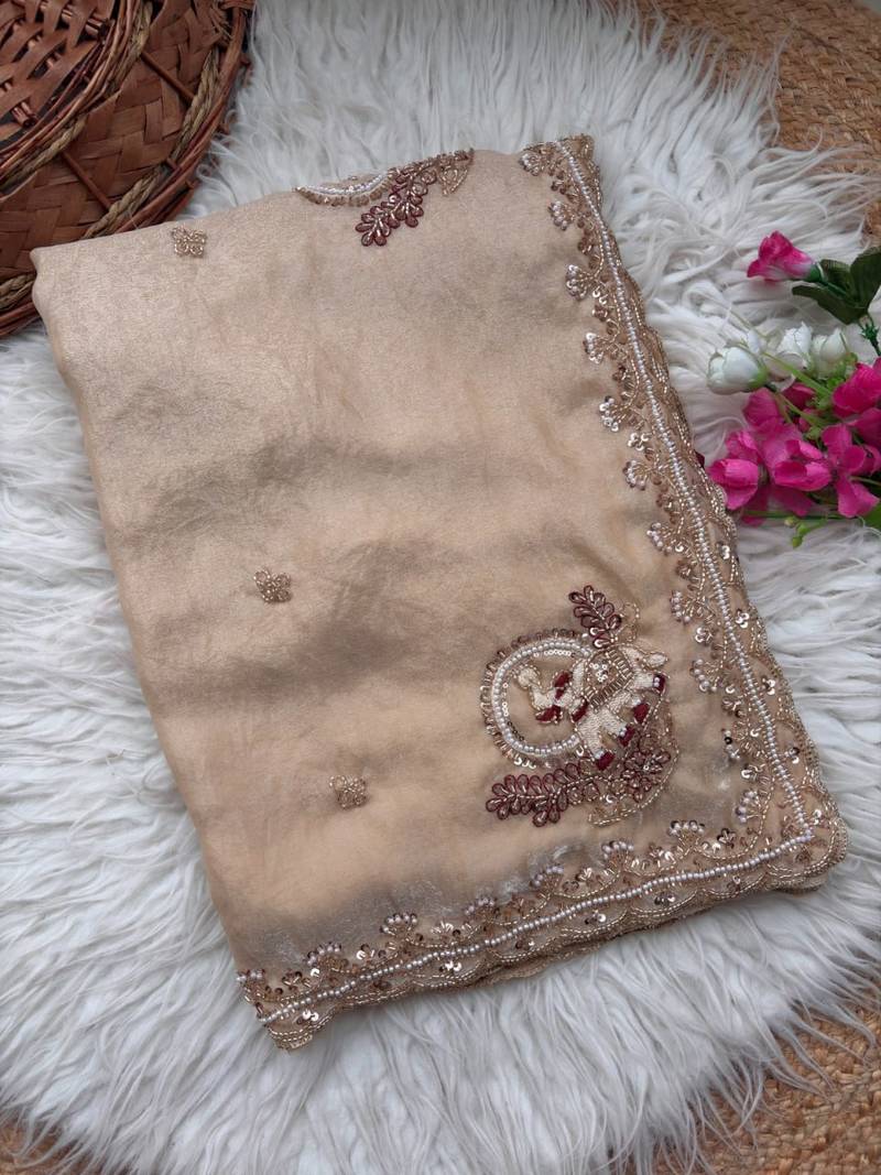 Cream Color Beads And Embroidery Work Satin Saree