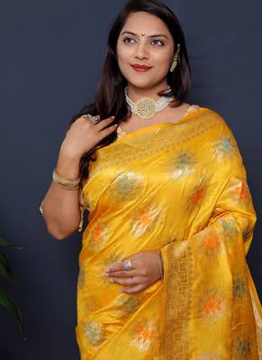 Mustard yellow banarasi silk blend saree with  zari floral buta work 4
