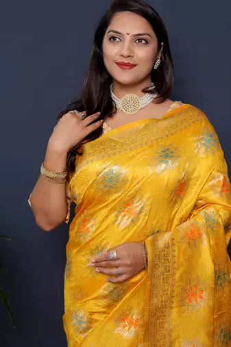 Mustard yellow banarasi silk blend saree with  zari floral buta work