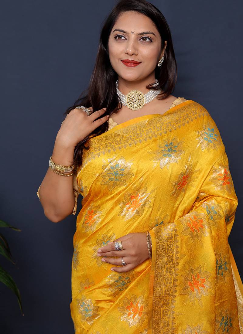 Mustard yellow banarasi silk blend saree with  zari floral buta work