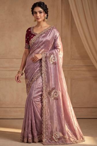 Lavender Color Beads And Embroidery Work Satin Saree