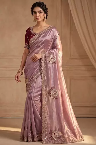 Lavender Color Beads And Embroidery Work Satin Saree