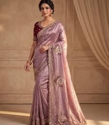 Lavender Color Beads And Embroidery Work Satin Saree
