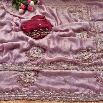 Lavender Color Beads And Embroidery Work Satin Saree 2