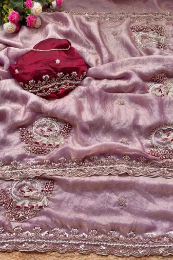 Lavender Color Beads And Embroidery Work Satin Saree