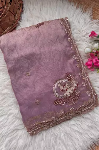 Lavender Color Beads And Embroidery Work Satin Saree