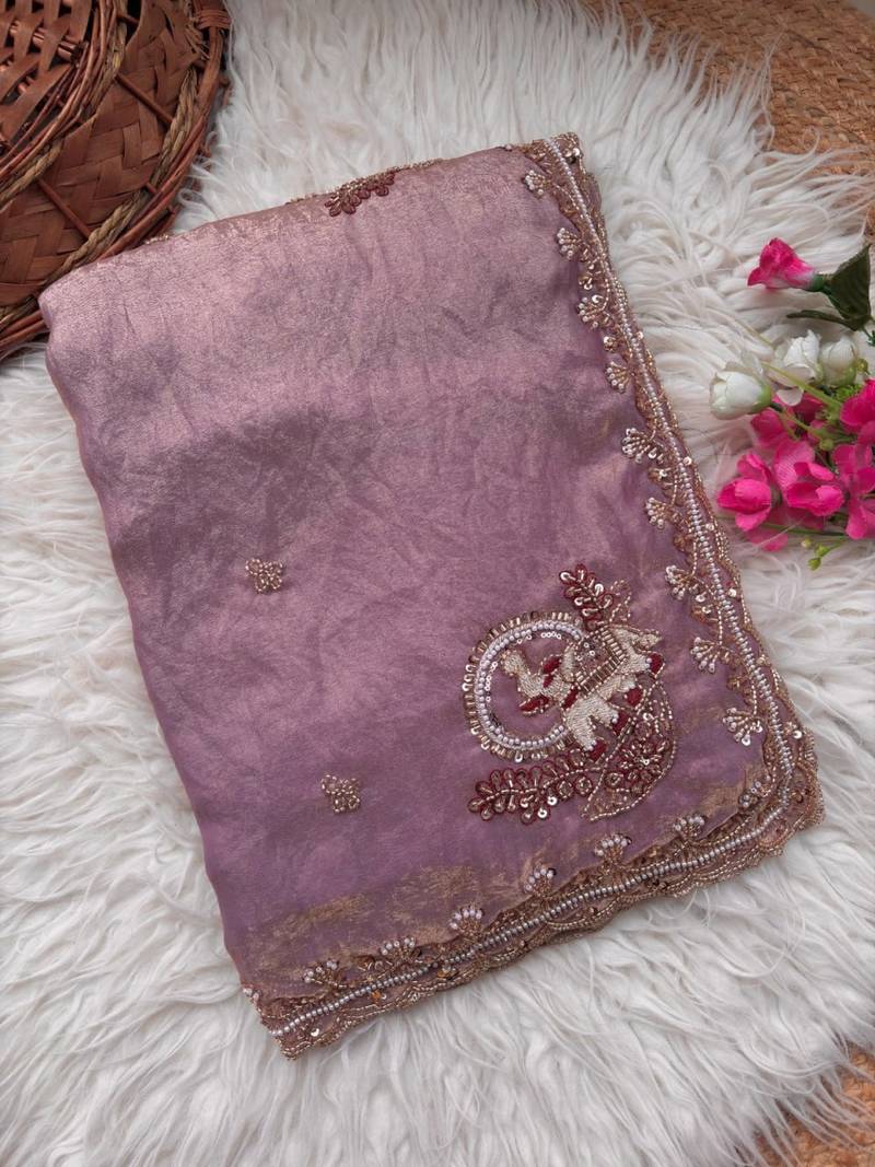 Lavender Color Beads And Embroidery Work Satin Saree