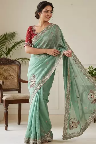 Teal Color Beads And Embroidery Work Satin Saree