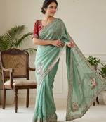 Teal Color Beads And Embroidery Work Satin Saree