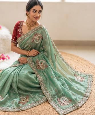Teal Color Beads And Embroidery Work Satin Saree 2