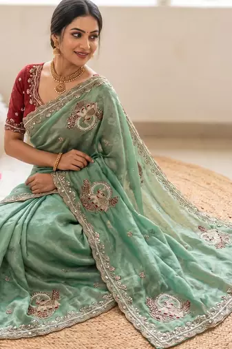 Teal Color Beads And Embroidery Work Satin Saree
