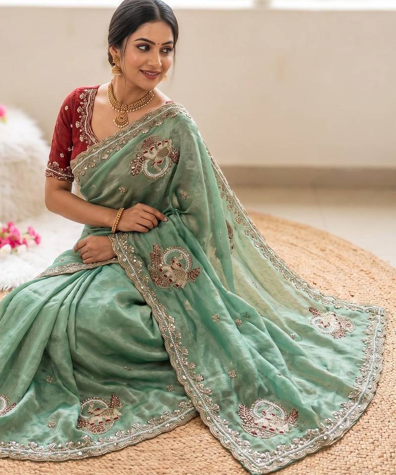Teal Color Beads And Embroidery Work Satin Saree