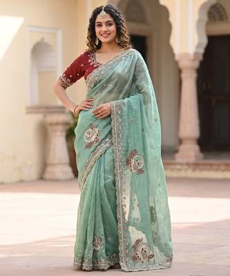 Teal Color Beads And Embroidery Work Satin Saree 3