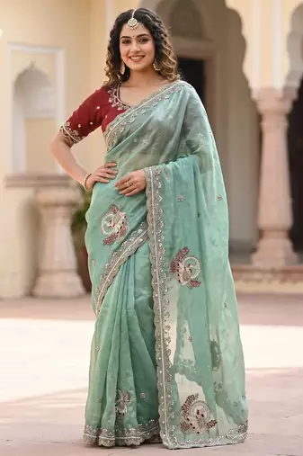 Teal Color Beads And Embroidery Work Satin Saree