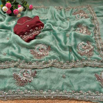 Teal Color Beads And Embroidery Work Satin Saree 4