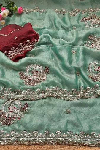 Teal Color Beads And Embroidery Work Satin Saree