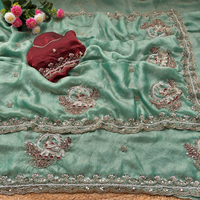 Teal Color Beads And Embroidery Work Satin Saree