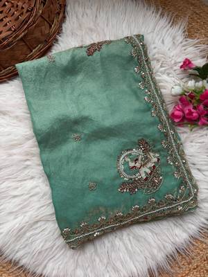 Teal Color Beads And Embroidery Work Satin Saree 5