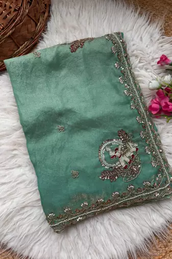 Teal Color Beads And Embroidery Work Satin Saree