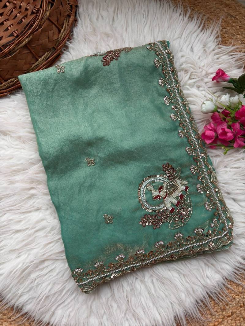 Teal Color Beads And Embroidery Work Satin Saree