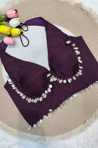 Plum rayon silk blend navratri halter neck blouse